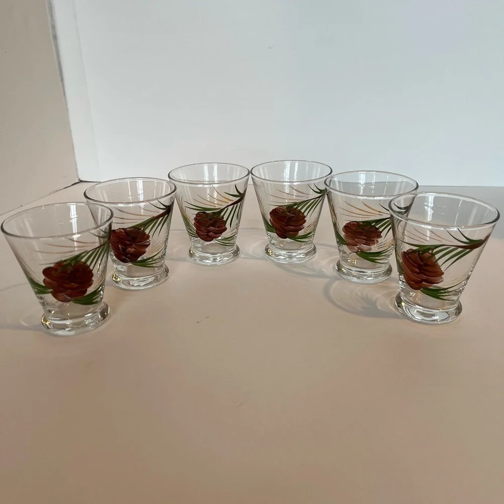 Rare Vintage Cocktail Shaker and Six Glasses Hand-painted Pine and Pinecones
